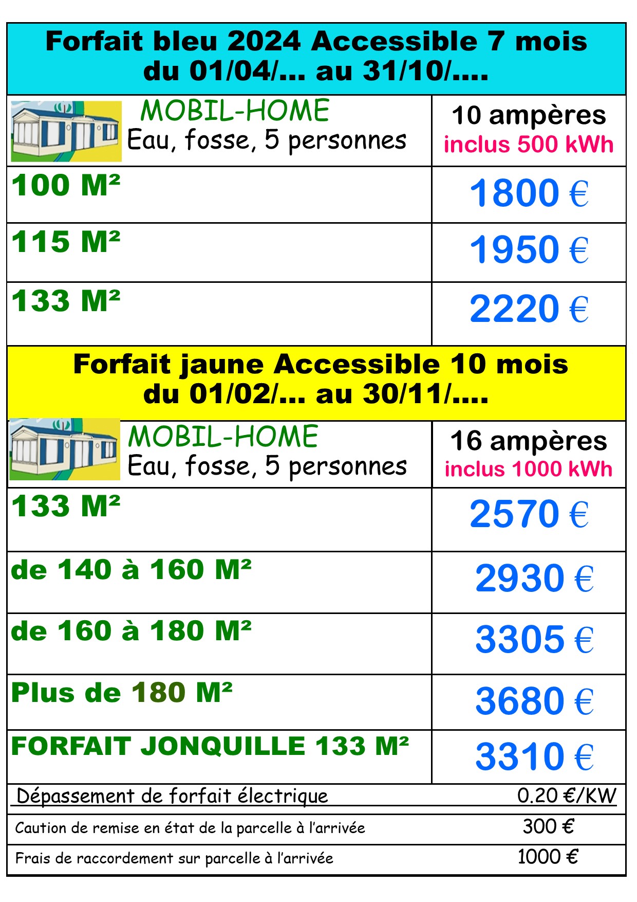 Tarif location à l'année camping 4 plages