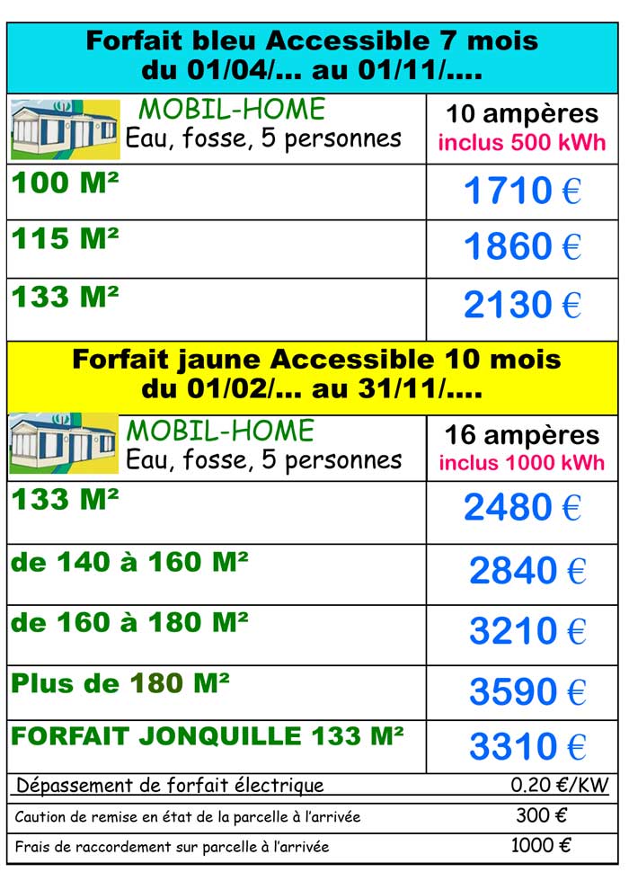 Tarif location à l'année camping 4 plages